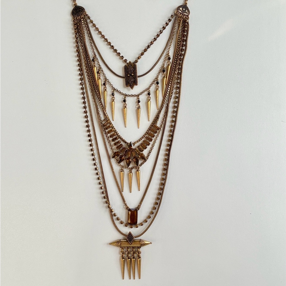 NWT Lucky Brand Multi Layer Necklace Rhinestones Gold Tone Chains